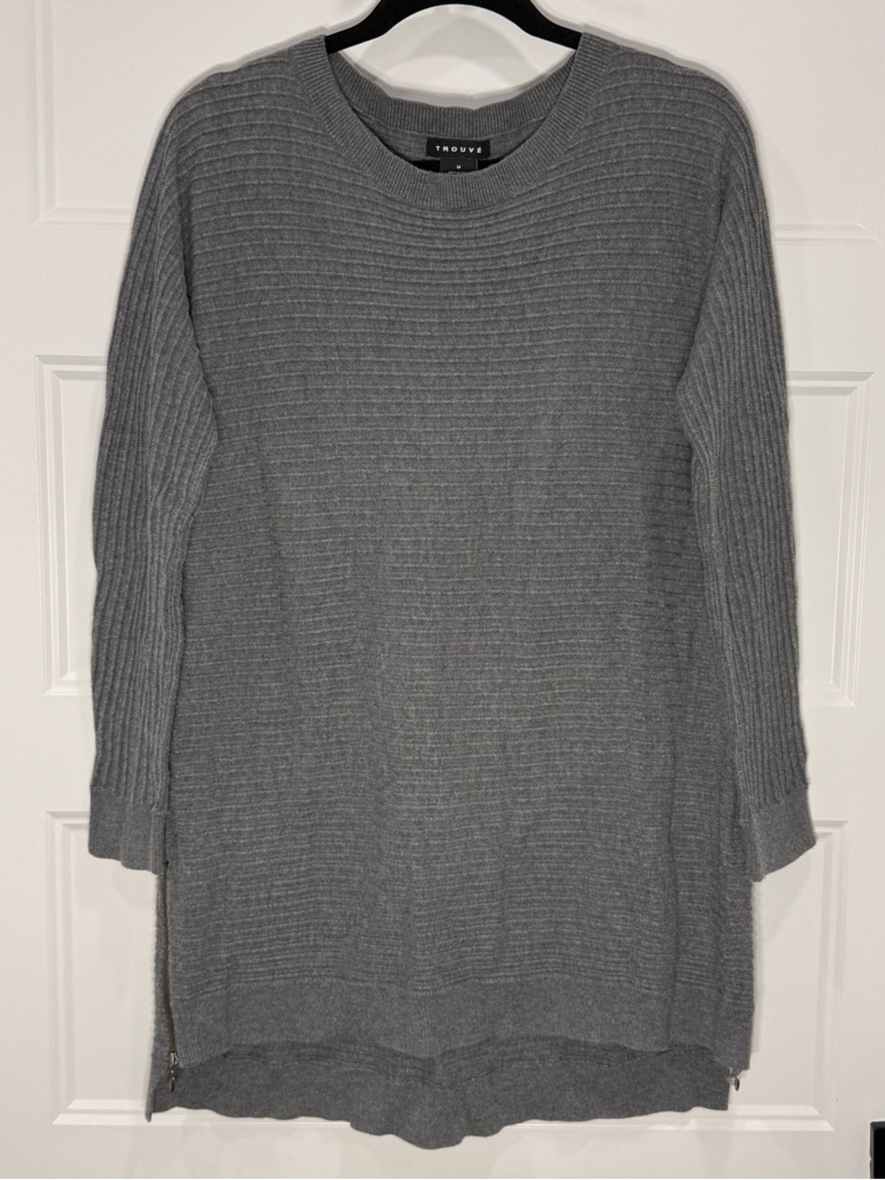 Trouve Sweater Womens Medium Gray Ribbed Tunic Side Zip Cashmere Blend